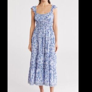 Max Studio Blue and White Ruffle Cap Sleeve Tiered Midi Dress